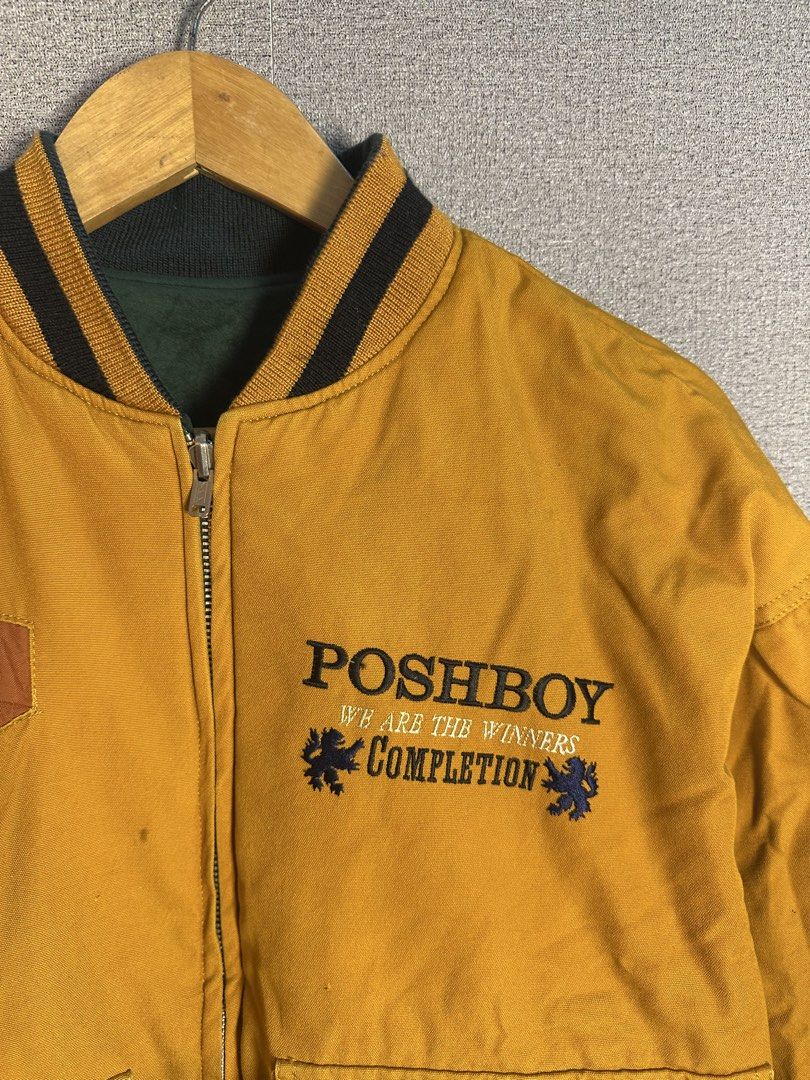 VINTAGE POSH BOY REVERSIBLE BOMBER JACKET (BOXY) (Category: Coats, Jackets and Outerwear) located in Rizal. Submitted by jamesthrift (Listing ID 1470158281, Image 2). Description: VINTAGE POSH BOY REVERSIBLE BOMBER JACKET (BOXY) Size : M - L Dimes: -width 21 -length 25 Condition: excellent Color Rate: 9.5 Issue: minimal stain on mustard side (not noticeable) 🏷️DM 📩.