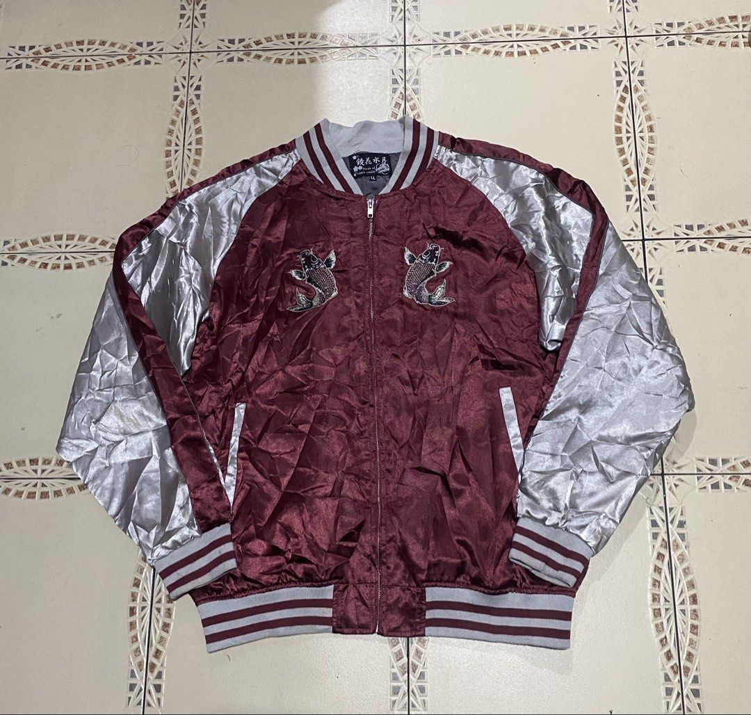 Vintage Sukajan Koi satin bomber jacket (Category: Coats, Jackets and Outerwear) located in Cebu City. Submitted by hustler_69 (Listing ID 1470299390, Image 1). Description: Vintage Sukajan Koi satin bomber jacket Hanaryu/Hoshihime(made in japan) Size LL 22 width 27 length Very good condition Issue check last pic Details are all posted.