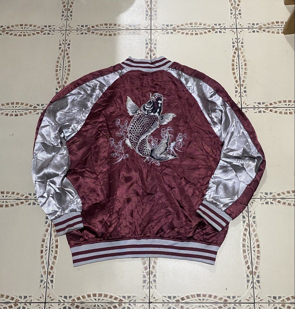 Vintage Sukajan Koi satin bomber jacket (Category: Coats, Jackets and Outerwear) located in Cebu City. Submitted by hustler_69 (Listing ID 1470299390, Image 2). Description: Vintage Sukajan Koi satin bomber jacket Hanaryu/Hoshihime(made in japan) Size LL 22 width 27 length Very good condition Issue check last pic Details are all posted.