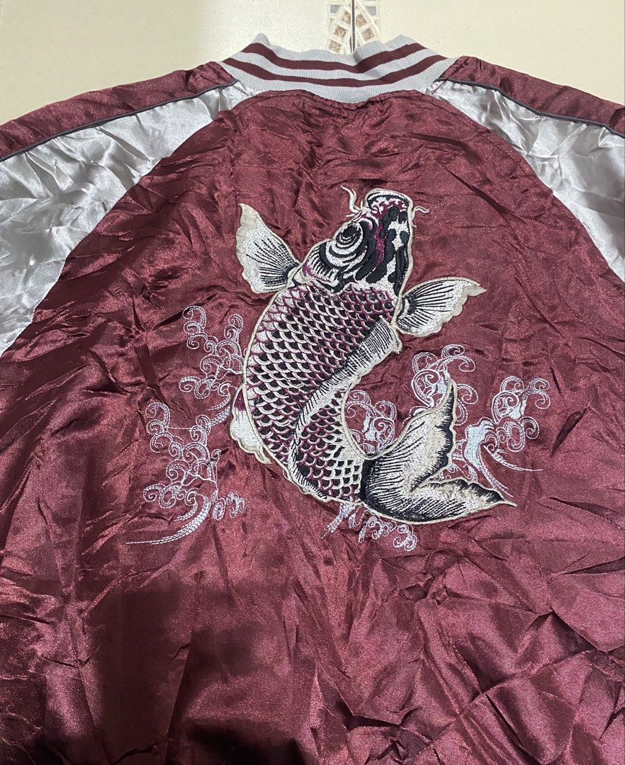 Vintage Sukajan Koi satin bomber jacket (Category: Coats, Jackets and Outerwear) located in Cebu City. Submitted by hustler_69 (Listing ID 1470299390, Image 3). Description: Vintage Sukajan Koi satin bomber jacket Hanaryu/Hoshihime(made in japan) Size LL 22 width 27 length Very good condition Issue check last pic Details are all posted.