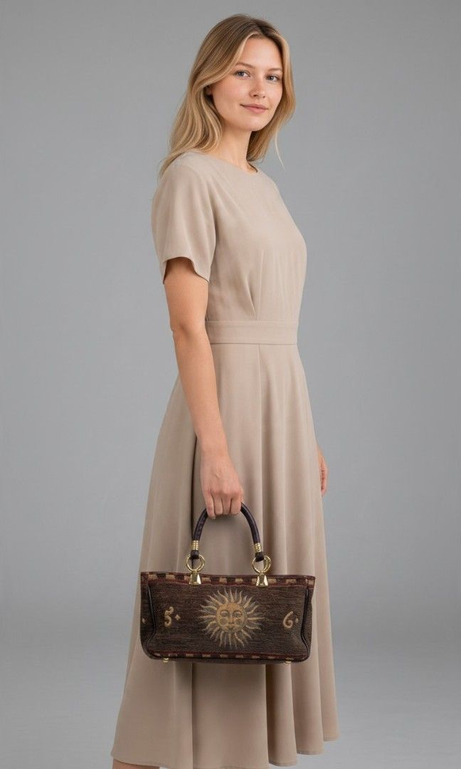 VINTAGE TAPESTRY CELESTIAL SUN FACE DESIGN HANDBAG (Category: Tote Bags) located in Las Pinas. Submitted by annachiaonair2037 (Listing ID 1470302656, Image 1). Description: VINTAGE TAPESTRY CELESTIAL SUN FACE DESIGN HANDBAG FROM JAPAN TAPESTRY WITH LEATHER H 5.5" L 12" W 4".