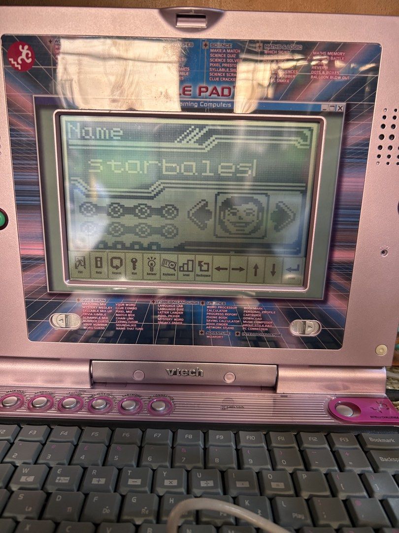 Vtech Style Pad Electronic Learning Computer with Mouse and Cartridge (Category: Educational & Learning Toys) located in Manila. Submitted by starbalesukandjapansurplus (Listing ID 1470347663, Image 3). Description: No charger included - Pink VTech style learning laptop toy with a working monochrome screen - Includes matching mouse, pink Think Fast cartridge, and power adapter - Fully tested: keyboard, screen, and mouse are all 100% functional - 