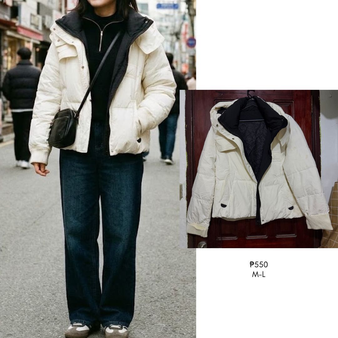 White and Black Puffer Jacket with Hood (Category: Coats, Jackets and Outerwear) located in Pasig City. Submitted by styledfitsbymae (Listing ID 1470255653, Image 1). Description: - Color: Off-white with contrasting black inner lining and hood - Size: M to L - Features: Front zipper closure, ribbed cuffs to trap heat, and two secure front button-flap pockets - Condition: Great winter layering piece, warm and cozy.
