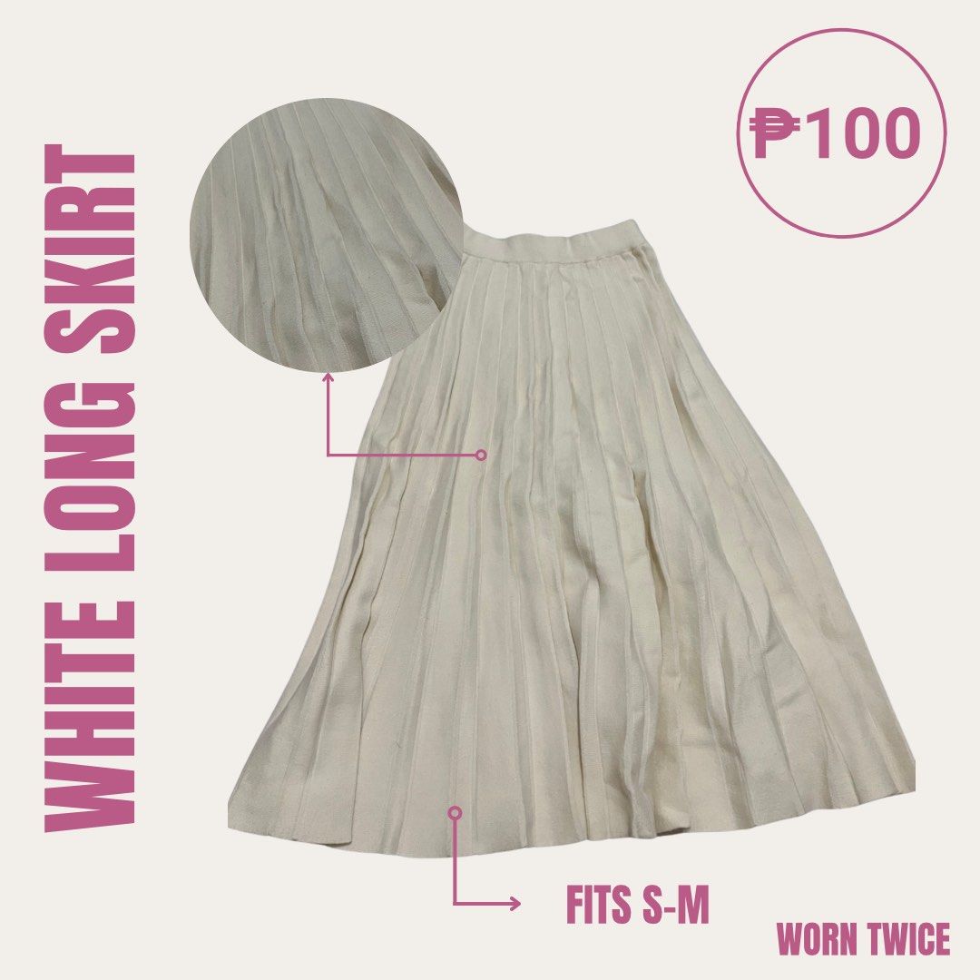 White Long Skirt Pleated Fits S-M (Category: Skirts) located in Pasig City. Submitted by chloe_miel (Listing ID 1470246969, Image 1). Description: - Color: White - Design: All-over pleated details - Size: Fits small to medium frames - Material: Comfortable and flowy - Styling: Easy to match with various casual tops.