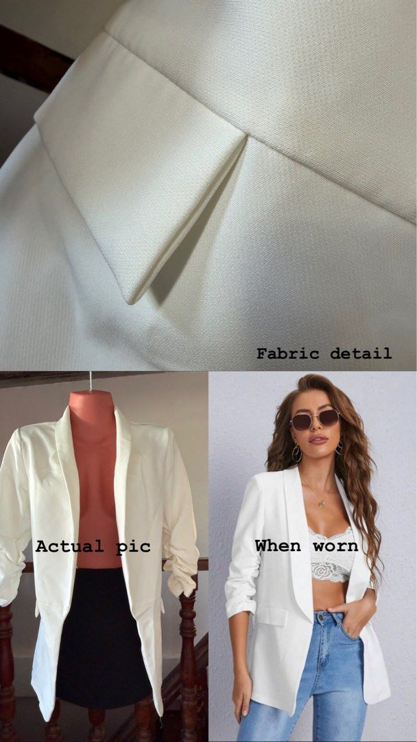 White Ruched Sleeve Blazer Open Front Jacket (Category: Coats, Jackets and Outerwear) located in Calapan. Submitted by lesleiann (Listing ID 1470200165, Image 1). Description: - Color: White - Style: Open front with shawl lapel - Sleeves: 3/4 length ruched sleeves - Details: Structured shoulders and smooth, high-quality fabric (with shoulder pads) - Versatility: Perfect for workwear or smart-casual looks.