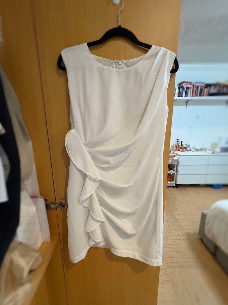 White Sleeveless Ruffle Dress (Category: Dresses) located in Cebu City. Submitted by slimshady94 (Listing ID 1470250858, Image 1). Description: Length: 33 inches Waist: 14 inches Thrifted from Shop Florice! Large on tag but can fit small, medium, and large frames! I am an XS and this is a shift dress on me. Dress is slightly sheer. Slight flaws can be seen in the back (last pic), but barely noticeable. .