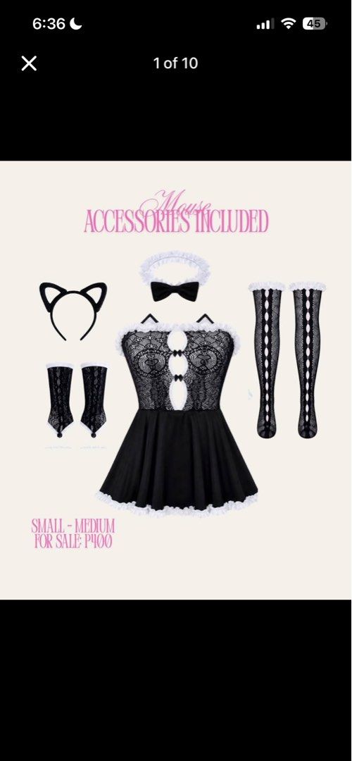 White Swan, Mouse, and Nurse Costume Sets (Category: Sets or Coordinates) located in Manila. Submitted by amaze.exe (Listing ID 1470268657, Image 2). Description: - Price: ₱400 per set - Available Styles: 3 distinct theme options - Sizes: Small to Medium - Inclusions: Matching top, headband, and stockings as pictured - Perfect for: Halloween👻🎃.