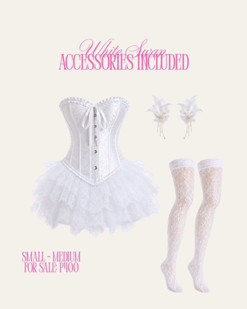 White Swan, Mouse, and Nurse Costume Sets (Category: Sets or Coordinates) located in Manila. Submitted by amaze.exe (Listing ID 1470268657, Image 1). Description: - Price: ₱400 per set - Available Styles: 3 distinct theme options - Sizes: Small to Medium - Inclusions: Matching top, headband, and stockings as pictured - Perfect for: Halloween👻🎃.