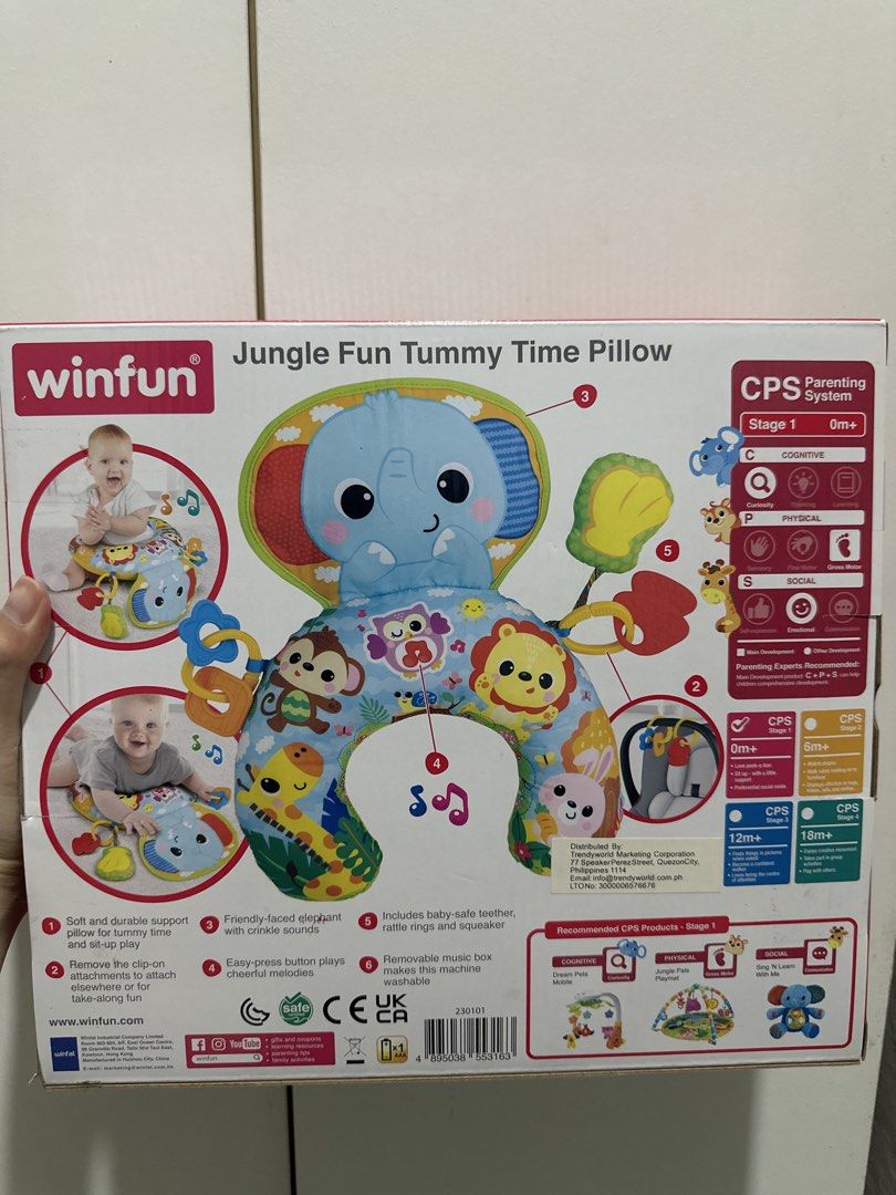 Winfun Jungle Fun Tummy Time Pillow (Category: Infant Playtime) located in Manila. Submitted by ltncngco (Listing ID 1470160317, Image 2). Description: Never been used. Box still sealed but will see some damages due to storage. Orig price is ₱1400.