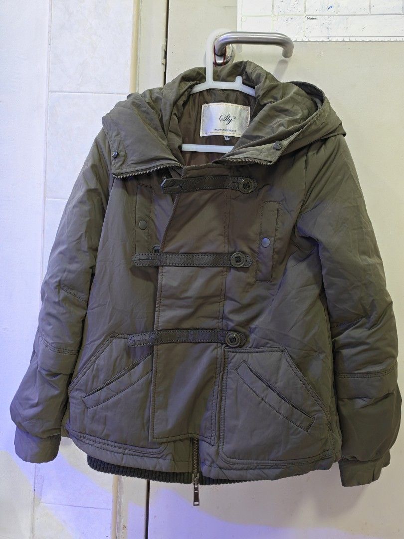 Winter Down Jacket (Category: Coats, Jackets and Outerwear) located in Singapore. Submitted by juneree (Listing ID 1470214824, Image 1). Description: - Brand: SLY - Type: Winter Down Jacket with Hood - Size: 1 (Approx. Size M / 160/76A) - Color: Dark Olive Green - Filling: 70% Down, 30% Feather (Shell: 73% Polyester, 27% Nylon) - Design: Stylish front buckle straps, ribbed hem, and deep pockets - Condition: Pre-loved, note minor peeling on the de