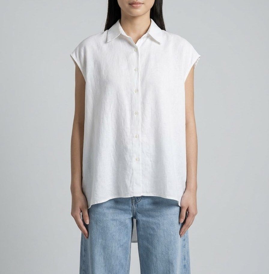 WORKSHOP White Oversized Linen Blend Cap Sleeve Open-Back Button Down Blouse (Category: Shirts) located in Caloocan City. Submitted by declutteringph. (Listing ID 1470187551, Image 1). Description: No Size on the tag! Dimensions: (inches) Bust width: 30” Body Length: 30” | Back: 33” .