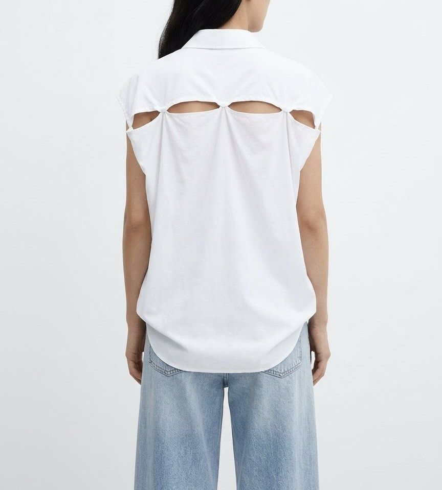WORKSHOP White Oversized Linen Blend Cap Sleeve Open-Back Button Down Blouse (Category: Shirts) located in Caloocan City. Submitted by declutteringph. (Listing ID 1470187551, Image 2). Description: No Size on the tag! Dimensions: (inches) Bust width: 30” Body Length: 30” | Back: 33” .
