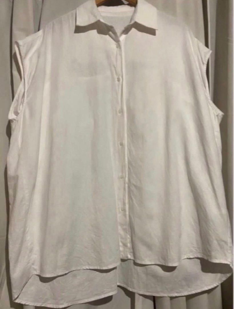 WORKSHOP White Oversized Linen Blend Cap Sleeve Open-Back Button Down Blouse (Category: Shirts) located in Caloocan City. Submitted by declutteringph. (Listing ID 1470187551, Image 3). Description: No Size on the tag! Dimensions: (inches) Bust width: 30” Body Length: 30” | Back: 33” .