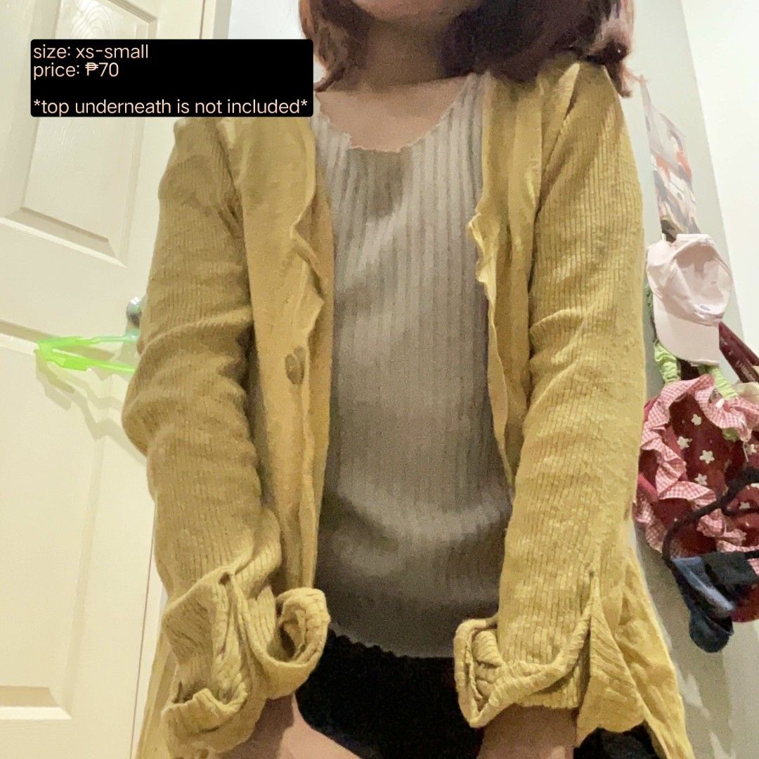 yellow cardigan (Category: Coats, Jackets and Outerwear) located in Cainta. Submitted by m00rin02 (Listing ID 1470266505, Image 1). Description: 🧚🏻‍♀️ Loc: Cainta, Rizal/Pasig/Sta. Mesa, Manila 🧚🏻‍♀️ MOD: lalamove/jnt 🧚🏻‍♀️ Payment first! (no cod) 🧚🏻‍♀️ tag, extra button, & flaws included in the photos 🧚🏻‍♀️ ships out every sunday!.