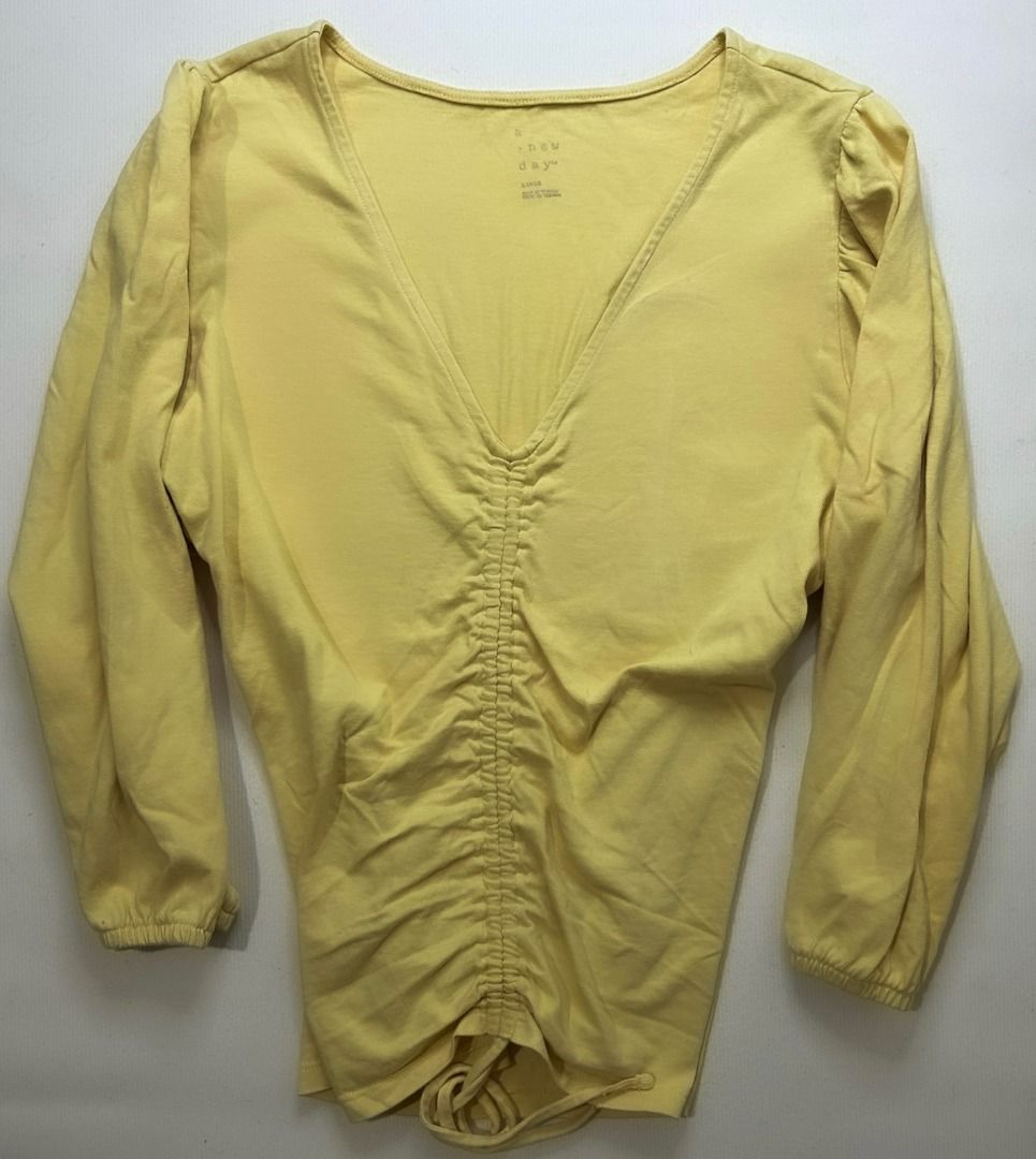 Yellow Ruched Front Top (Category: Blouses) located in Quezon City. Submitted by bdmc.clothing (Listing ID 1470253006, Image 3). Description: Brand: A New Day Type of Clothing: Blouse Size on tag: Large Issues: None Condition: Like New Fabric: 100% Cotton Price: 300.