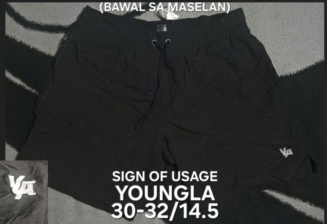 YoungLA Black Gym Shorts Size Medium (Category: Shorts) located in San Fernando, Camarines Sur. Submitted by ladderaya (Listing ID 1470243691, Image 1). Description: - Brand: YoungLA - Color: Black - Size: Medium (Waist: 30-32 inches, Length: 14.5 inches) - Features: Elastic waistband with drawstrings, small reflective logo near the hem - Condition: Normal signs of usage (bawal sa maselan) - Perfect for gym workouts and casual wear - PM for inqui