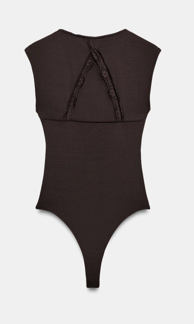 Zara Back-Open Lace Bodysuit Brown (Category: Undergarments & Loungewear) located in San Juan City. Submitted by hellokitty_454 (Listing ID 1470181541, Image 2). Description: - Brand: Zara - Style: Back-open lace bodysuit - Color: Dark brown - Design: Sleeveless with cap shoulders, round neckline, and striking lace-trimmed open back - Fit: Thong bottom for a smooth, line-free look under clothes - Original Retail Price: $29.90 - Condition: Excelle