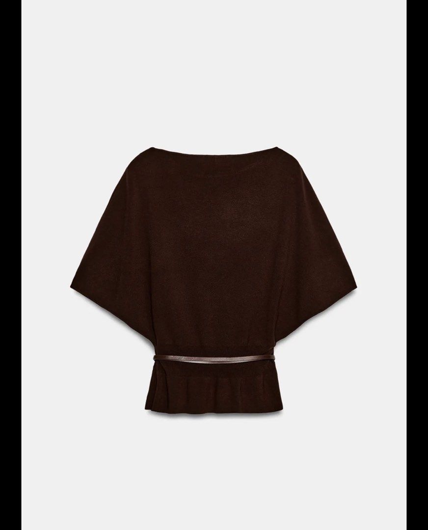 Zara Belted Knit Top (Category: Coats, Jackets and Outerwear) located in Caloocan City. Submitted by sisi_p (Listing ID 1470253194, Image 2). Description: - Brand: Zara - Color: Dark brown - Style: Boat neckline and batwing sleeves.