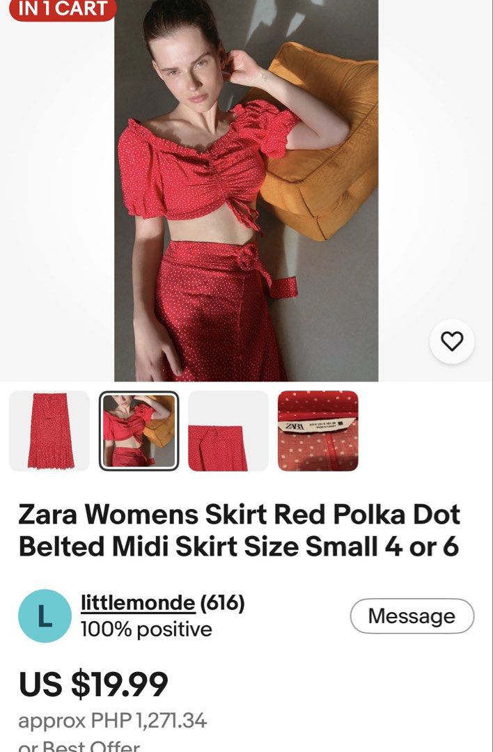 ZARA Belted Midi Polka Dot Skirt (Category: Skirts) located in Quezon City. Submitted by chrizcboutique (Listing ID 1470270051, Image 2). Description: ZARa polka dot red skirt with belt not removable small in tag size 26 with side zipper jMeasurements laid in flat waist approx 13 inches hip approx 16.5 inches lenght approx 31 inches Condition still in good condition lighlty uses no visible flaws .