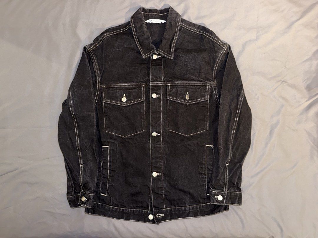 Zara Black Denim Jacket (Category: Coats, Jackets and Outerwear) located in Taguig. Submitted by j.lax. (Listing ID 1470330880, Image 1). Description: - Brand: Zara - Style: Denim jacket with contrast white stitching - Color: Washed black - Size: Medium.