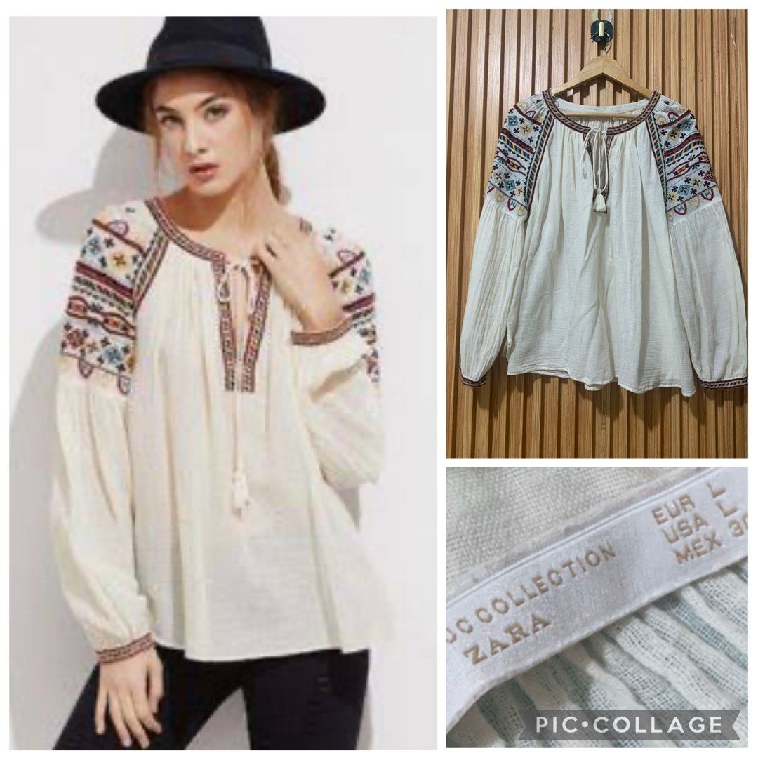 Zara Embroidered Boho Tunic Blouse White Size L (Category: Blouses) located in Koronadal. Submitted by girlish1105 (Listing ID 1470345980, Image 1). Description: - Brand: Zara - Style: White bohemian tunic top - Size: Large (fits true to size) - Details: Colorful embroidery on neckline & sleeves, tassel tie neckline, elasticized balloon cuffs - Material: Lightweight textured fabric - Condition: Great casual piece for everyday wear.