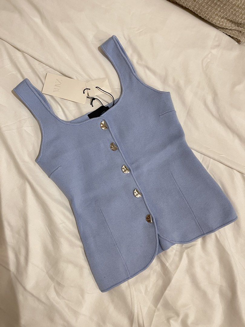 Zara Metal Button Knitted Top (Category: Sleeveless) located in Quezon City. Submitted by everythingmustgo__ (Listing ID 1470258261, Image 1). Description: Brand new with tags Size: medium Color: blue ‼️ firm with price. low ballers will not be entertained ‼️.