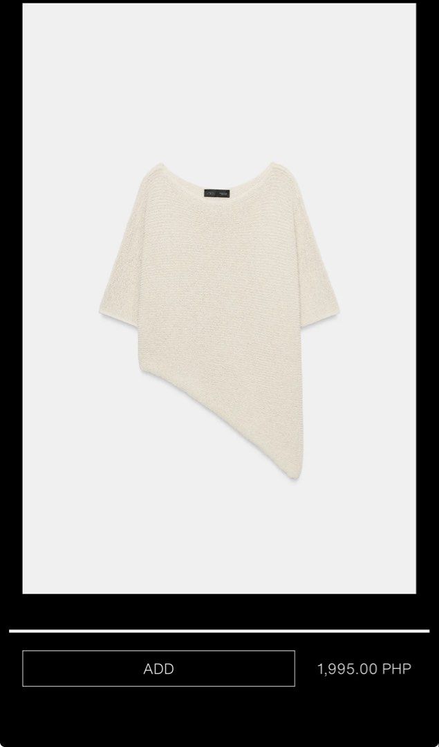 Zara knitted asymmetrical top (Category: Blouses) located in Makati City. Submitted by prelovedbystella16 (Listing ID 1470182388, Image 3). Description: Size medium, fits up to size large Worn once only. good as new condition No issue/no snags etc Still available online for 1,995. Last pic: actual WW.