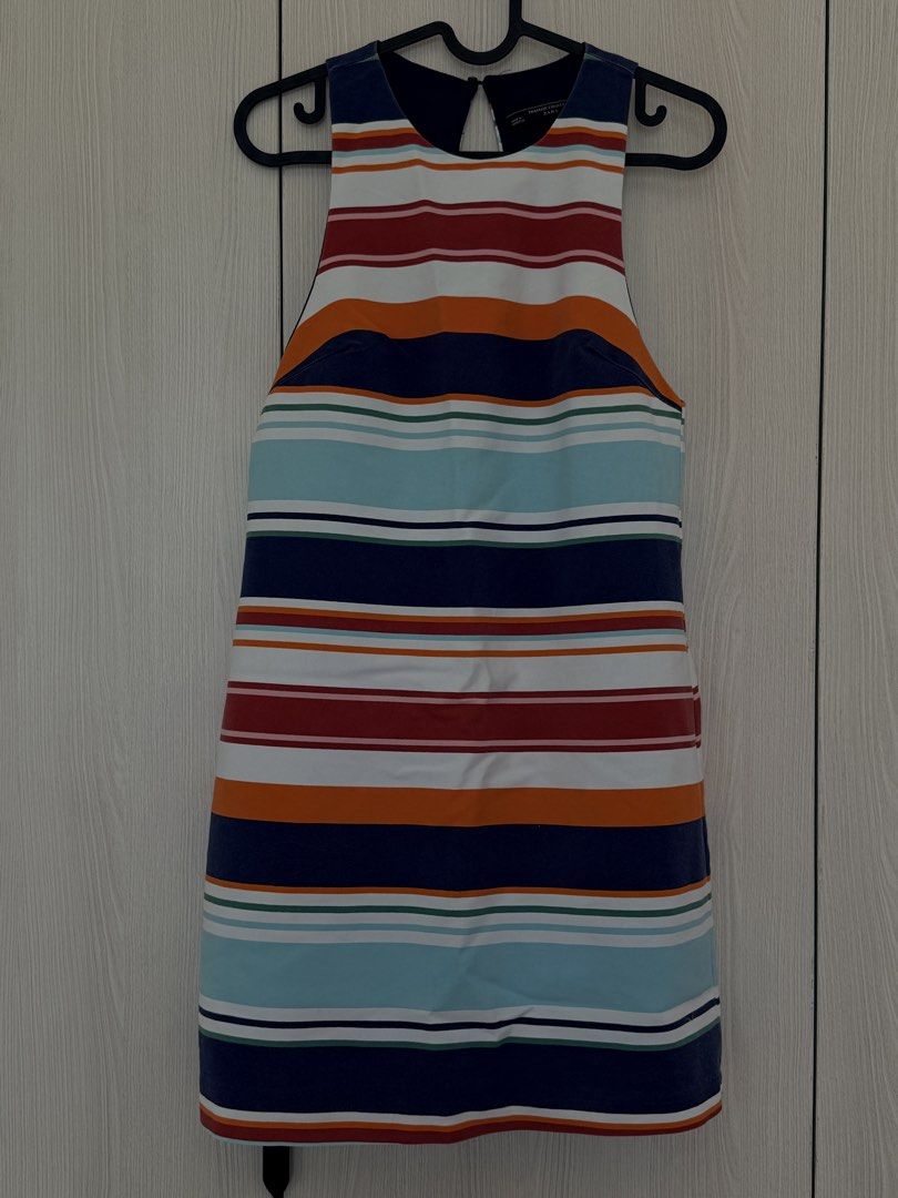 Zara Multi-Colored Striped Halter Dress (Category: Dresses) located in Santa Rosa. Submitted by shopaholicscastle (Listing ID 1470169128, Image 1). Description: - Brand: Zara - Style: Halter neck dress with chic horizontal stripes (navy blue, red, orange, white, light blue) - Details: Keyhole cutout at the upper back, hidden back zipper closure from lower back up - Material: Thick, high-quality structured fabric .