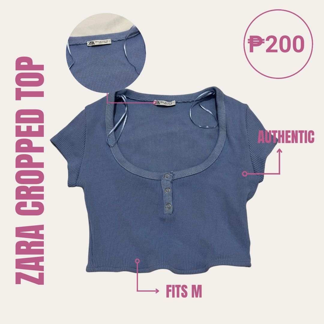 Zara Ribbed Blue Cropped Top Fits M (Category: Sleeveless) located in Pasig City. Submitted by chloe_miel (Listing ID 1470248704, Image 1). Description: - Brand: Zara - Size: M (based on label) - Color: Blue - Material: Stretchy, super comfortable fabric - Design: Ribbed texture, scoop neckline with 3 front buttons, thin shoulder straps, short sleeves, and trendy wavy hem - Condition: Excellent for daily casual outfits.