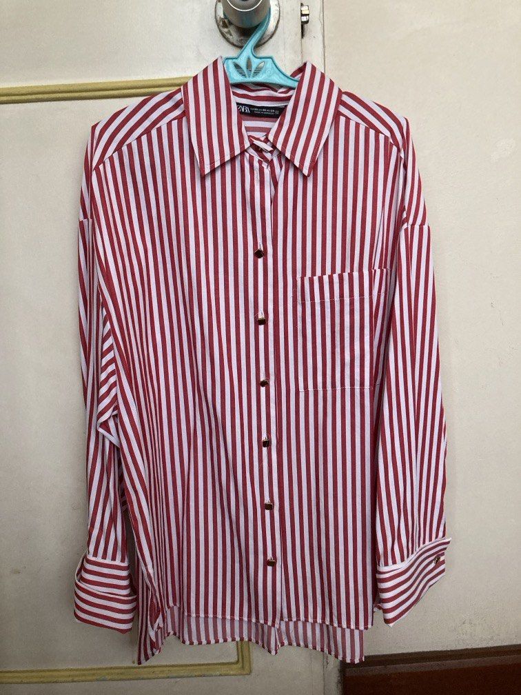 ZARA Striped Long Sleeve Blouse (Category: Blouses) located in Pasay City. Submitted by uniqlord (Listing ID 1470179871, Image 1). Description: ✔️ SIZE: XS ✔️ COLOR: Red/white striped ✔️ CONDITION: 9/10 ✔️ ISSUE: No second button.