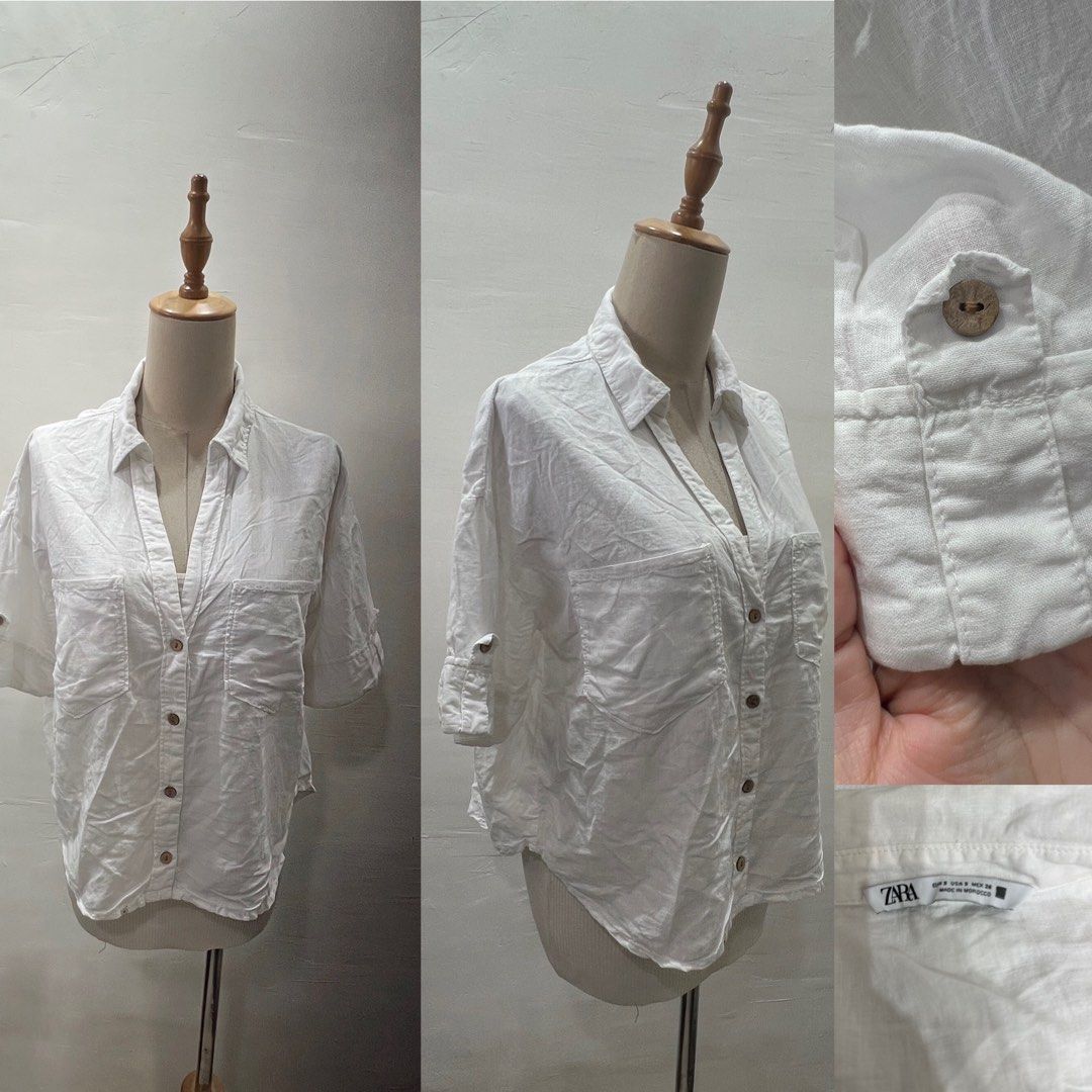 Zara White Linen Button-Up Shirt Size S (Category: Shirts) located in Bacolod City. Submitted by bhabissagal-05763 (Listing ID 1470288634, Image 1). Description: - Brand: Zara - Style: Linen short-sleeve button-up shirt - Color: Crisp white - Size: S - Details: Wooden front buttons, roll-up sleeve tabs, double chest pockets - Fabric: Lightweight, ideal for warmer days - Condition: Clean and ready to wear.