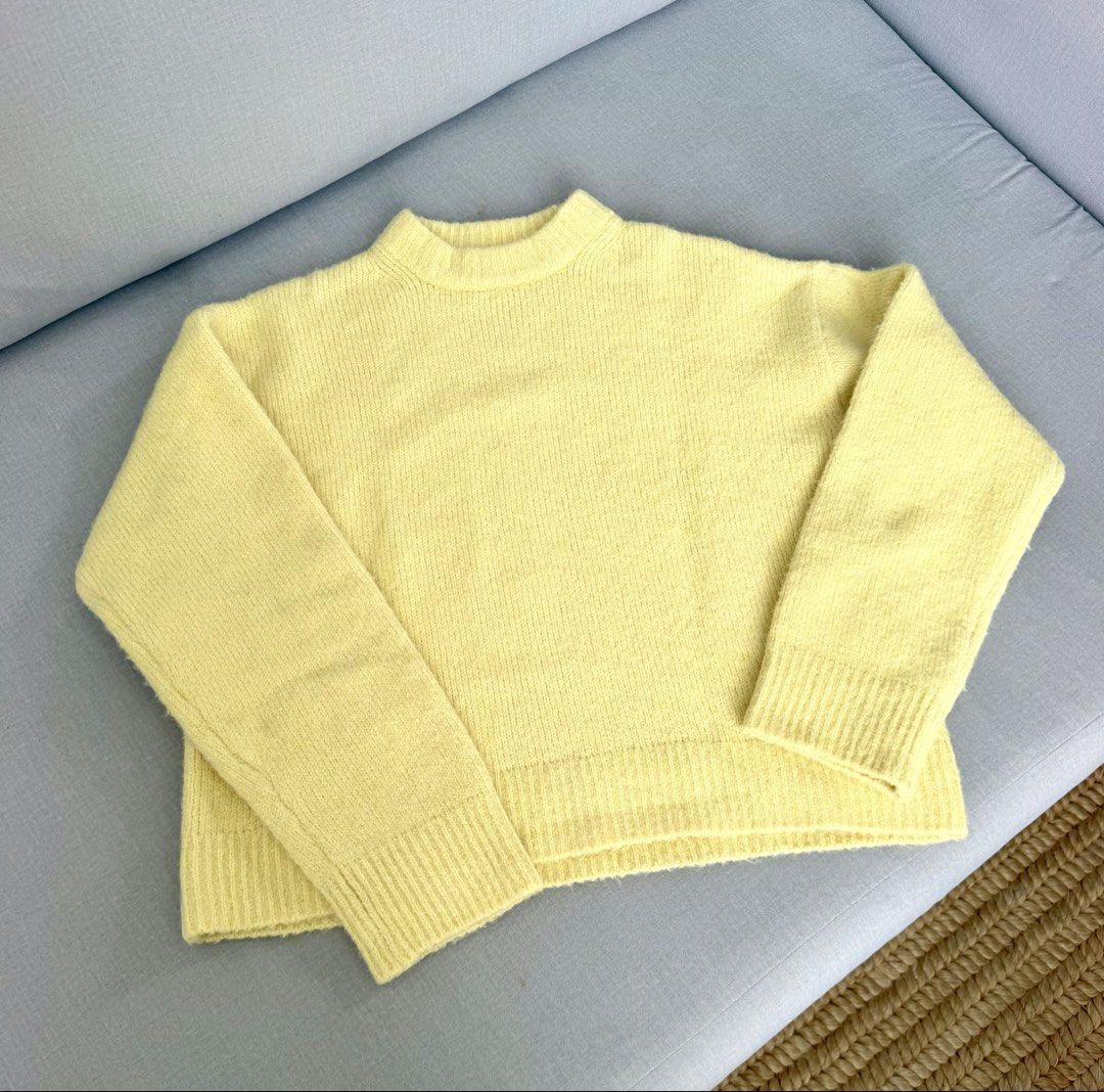 Zara Yellow Knit Sweater Medium (Category: Longsleeves) located in Lipa City. Submitted by pauline0303 (Listing ID 1470178888, Image 1). Description: - Brand: Zara - Size: EUR M / USA M - Color: Butter yellow - Material/Texture: Soft, fuzzy knit - Design: Crew neck with ribbed collar, cuffs, and hem - Origin: Made in China - Condition: Great staple piece for cooler weather, pairs easily with jeans.