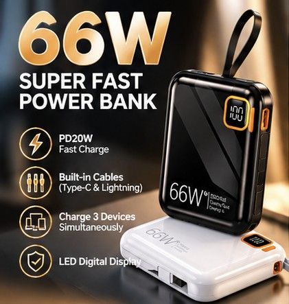 10,000mAh Power Bank with Digital Display & Built-in Cable | Black ...
