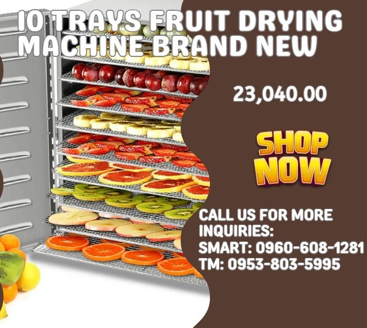 10 Trays fruit drying machine brand new (Category: Everything Else Others) located in Caloocan City. Submitted by javierchec55656 (Listing ID 1470415214, Image 1). Description: ◎Volt. 110v/220v ◎Power: 1000w ◎Material: stainless steel ◎Temp. setting: 40-90degrees ◎Capacity: 60L ◎Dimension: 420*405*550mm ◎Layer: 10 Layers ◎Distance between two layer: 35mm ◎Grid mesh: 8mm ◎Net Weight/Gross weight: 15kgs/17.5kgs .