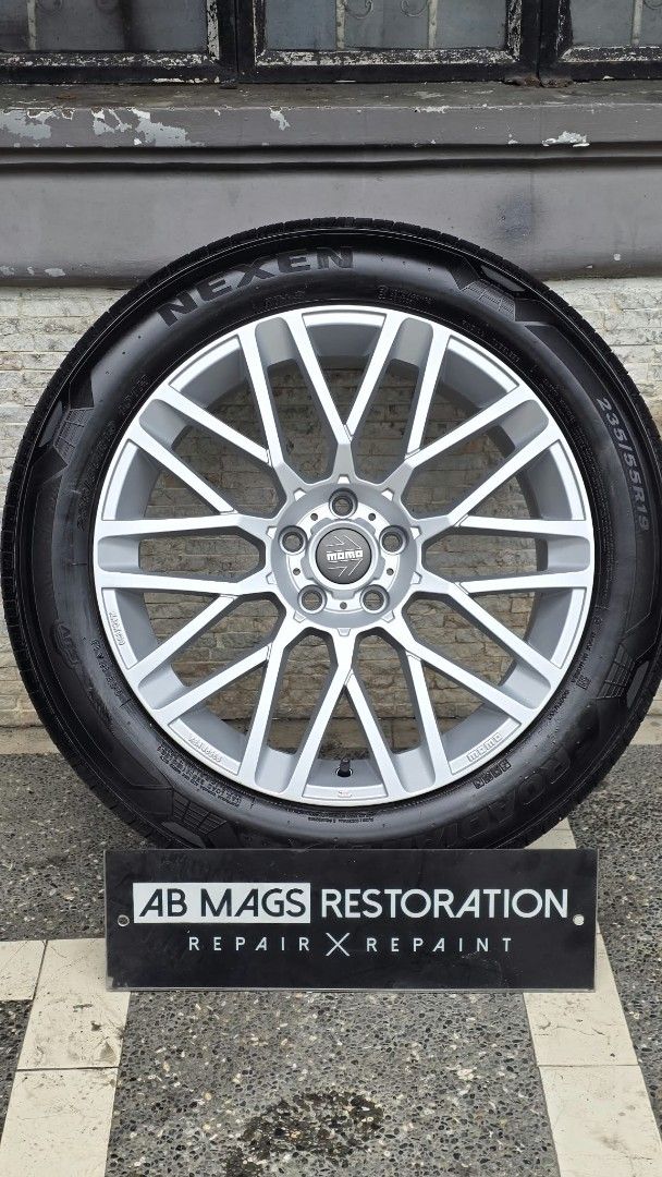 19s momo revenge (Category: Mags and Tires) located in Makati City. Submitted by alfonso.jomari29-97300 (Listing ID 1470529225, Image 1). Description: momo revenge 19inch, bought at concept one last sept and repainted to satin silver 75k total and selling it now for 55k 19x8.5 5x114.3 offset +40 rfs will buy 20s .