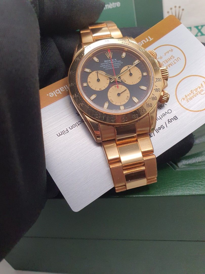 💯💯2002 Rolex solid gold daytona cosmograph Paul newman 40mm 116528 sports model 💯💯not*yml pikachu John mayer 116508 1161518ln* (Category: Watches) located in Singapore. Submitted by wearabletreasure (Listing ID 1470484688, Image 1). Description: Rating: Near Mint Remarks: super nice set with accessories. bracelet is extremely good looking. previously used with watch protection film so watch condition is nice. Package: Rolex 116528 rolex dayto