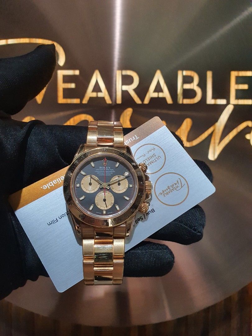 💯💯2002 Rolex solid gold daytona cosmograph Paul newman 40mm 116528 sports model 💯💯not*yml pikachu John mayer 116508 1161518ln* (Category: Watches) located in Singapore. Submitted by wearabletreasure (Listing ID 1470484688, Image 3). Description: Rating: Near Mint Remarks: super nice set with accessories. bracelet is extremely good looking. previously used with watch protection film so watch condition is nice. Package: Rolex 116528 rolex dayto