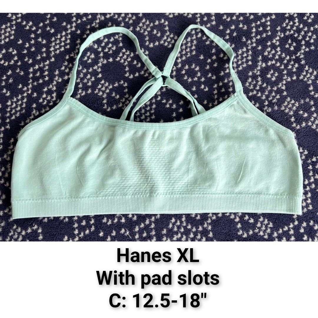2 PCs Hanes Bralette Bra bundle (Category: Activewear) located in Quezon City. Submitted by all_items_50_each (Listing ID 1470371440, Image 2). Description: 2 PCs Bra Bralette bundle Fits teens, adult XS-S *brand and size is posted, as long as it is readable, measurements via tape measure-laid flat, is also posted *wash before wearing, may have lints, dirt/stains (due to storage), color-bleed stains, esp. light colored, with normal signs of usage