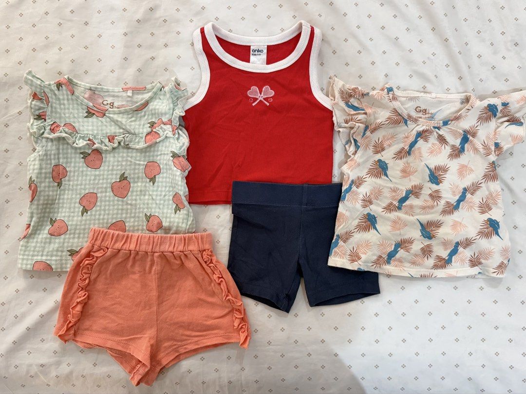 3 Tops, 2 Shorts (Age: 12M) (Category: Babies & Kids Fashion) located in Manila. Submitted by diane.preloved0328 (Listing ID 1470424804, Image 1). Description: Gingersnaps Gingham Peach Top Size 12M Gingersnaps Birds Top Size 12M Gingersnaps Shorts 12M Anko Red Tank Top Size 1 Anko Cycling Shorts Size 1.
