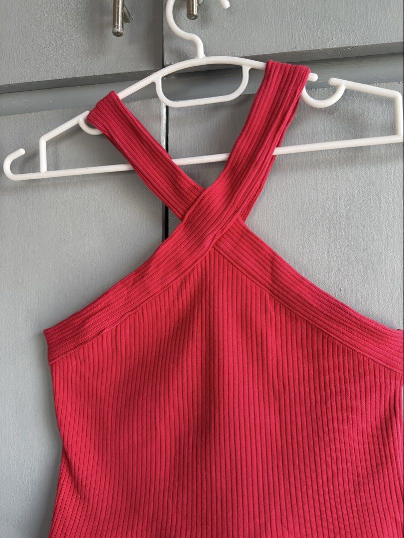 6ixty8ight Red Ribbed Halter Crop Top (Category: Sleeveless) located in San Juan City. Submitted by itemsfromkam (Listing ID 1470453676, Image 2). Description: • M on tag, fits S-M • ribbed, stretchable, cropped • actual ww at the end.