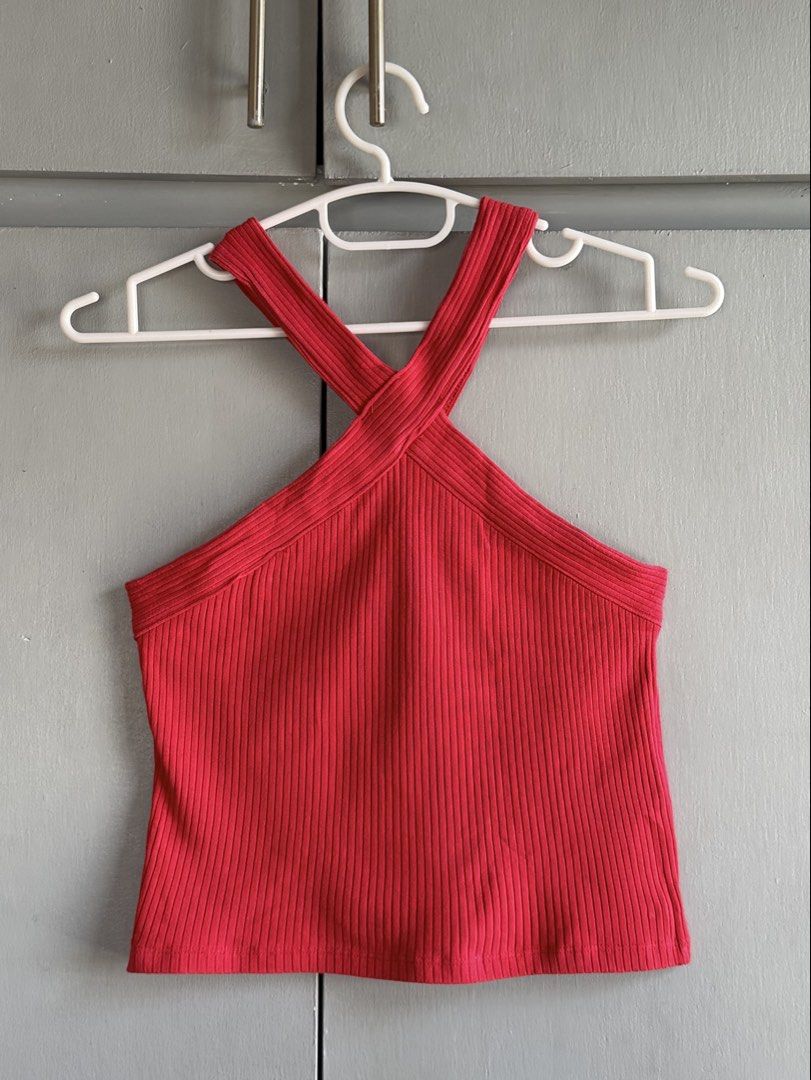 6ixty8ight Red Ribbed Halter Crop Top (Category: Sleeveless) located in San Juan City. Submitted by itemsfromkam (Listing ID 1470453676, Image 1). Description: • M on tag, fits S-M • ribbed, stretchable, cropped • actual ww at the end.