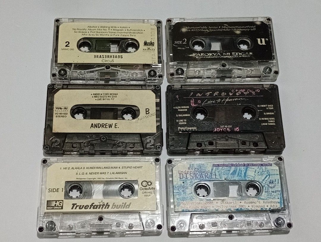 6pcs Vintage Iconic Cassette Tapes (tested working) (Category: Vintage Collectibles) located in Lipa City. Submitted by mark_collections (Listing ID 1470389103, Image 2). Description: 6pcs Vintage Iconic Cassette Tapes (tested working) 1. Eraserheads - Circus 2. Parokya ni Edgar - Buruguduystunstugudunstuy 3. Andrew E. 4. Introvoys - Line to Heaven 5. Truefaith - Build 6. Rizal Underground - Diskaril - no inlays and cover Mode of Payment: Gcash.