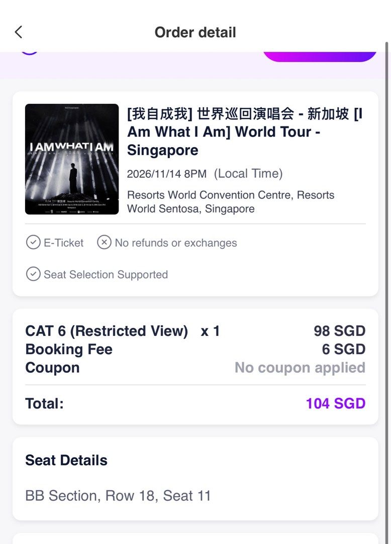 [我自成我] I Am What I Am World Tour Singapore Ticket CAT 6, Tickets ...
