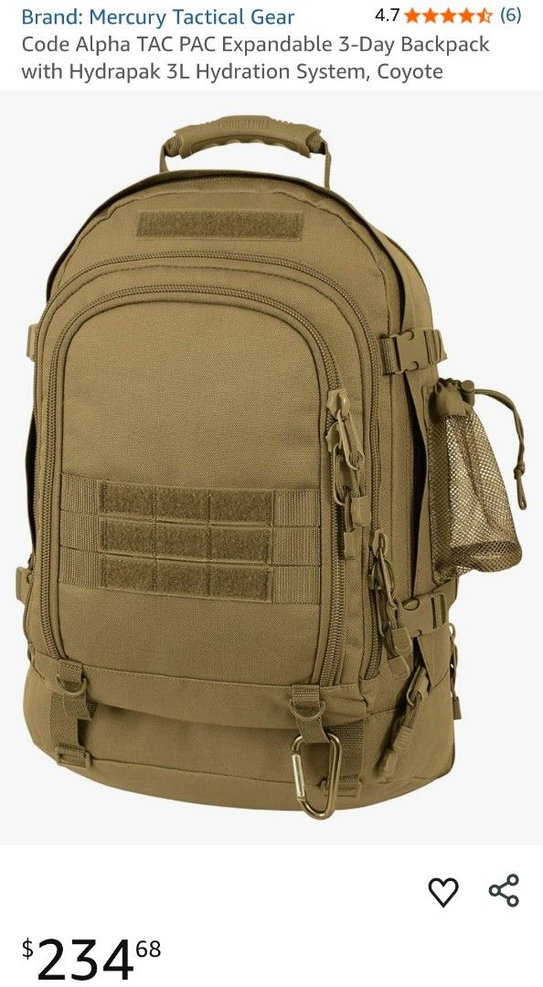 ✅ MERCURY TACTICAL GEAR Backpack (Category: Backpacks) located in Palo. Submitted by getupandglow (Listing ID 1470453725, Image 1). Description: ✅ MERCURY TACTICAL GEAR Backpack 3-Day Tac Pac Expandable (complete details - see last pic) Color/Rate: Coyote Brown (10/10) Only Issue: Repaired Bottle Holder Condition: Very Solid overall Price: ₱3,000 only + sf 📍 Location: LEYTE MODE OF PAYMENT 💳 GCash (Payment 1st) | ✈️ J&T 📩 MAKE OFFER nalang if 