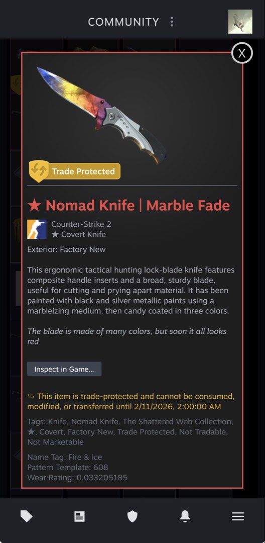 Nomad Knife | Fire and Ice Marble Fade Factory New CS2, 電子遊戲, 遊戲機配件, 遊戲 ...