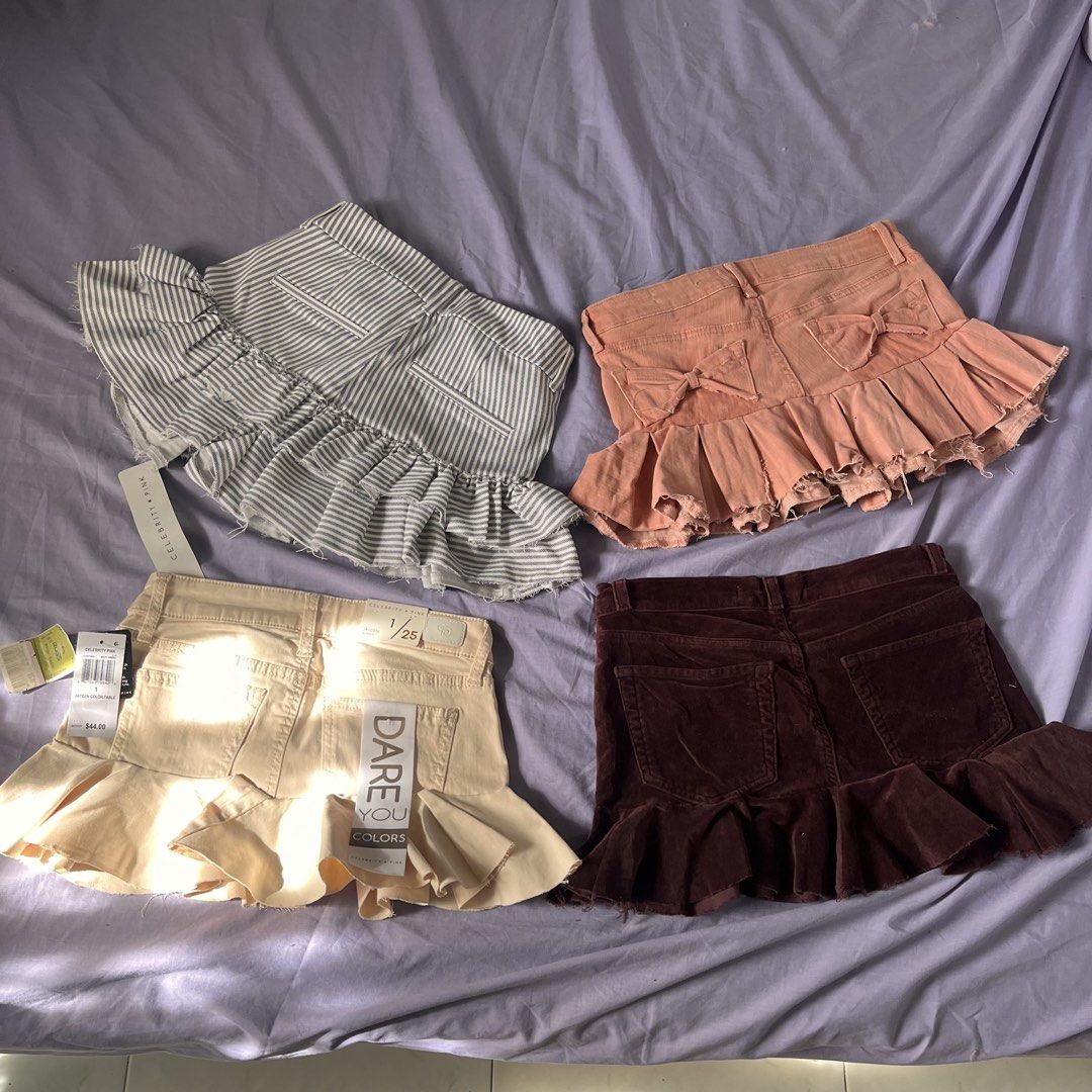 🇺🇸 TAKE ALL CUTE UNIQUE SKIRTS (Category: Skirts) located in Manila. Submitted by prelovedpick.com (Listing ID 1470404967, Image 2). Description: TAKE ALL‼️ Never been used FROM USA 🇺🇸 -Cotton On - Jessica Simpson - Celebrity Pink - Bundle of 4 trendy ruffled skorts from Celebrity Pink and Dare You Colors - Colors: Black & white striped, peach, light yellow, and dark brown - Size: Around US 1 / 25 - Features: Built-in shorts underneath, raw h