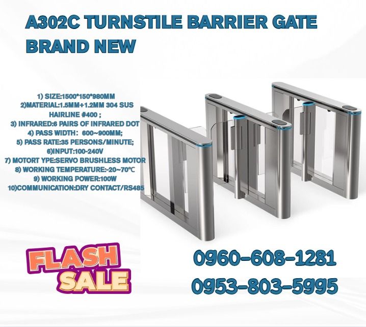 A302C Turnstile Barrier Gate brand new (Category: Everything Else Others) located in Caloocan City. Submitted by 09051674995 (Listing ID 1470421113, Image 1). Description: 1) Size:1500*150*980mm 2)Material:1.5mm+1.2mm 304 SUS Hairline #400 ; 3) infrared:6 pairs of infrared dot 4) Pass Width：600~900mm; 5) Pass rate:35 persons/minute; 6)Input:100-240V 7) Motor type: Servo Brushless Motor 8) Working temperature:-20~70℃ 9) Working power:100w 10)Commu