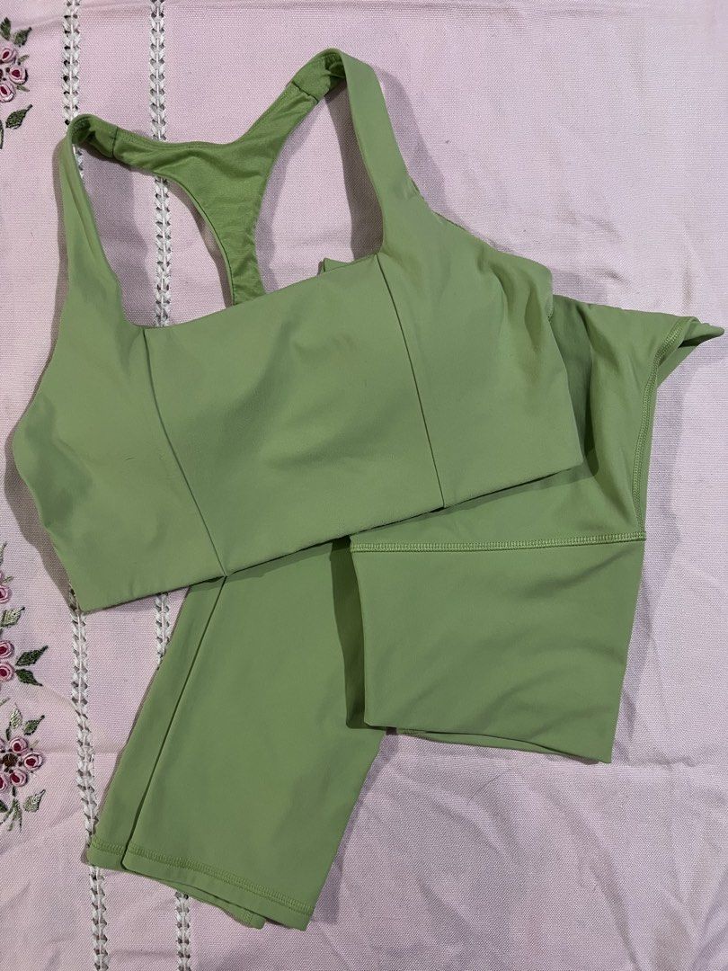 Activewear set (Category: Activewear) located in Marikina City. Submitted by tintinarenas (Listing ID 1470452702, Image 2). Description: - Set includes: 1 racerback sports bra with built-in contoured pads and matching bottoms - Color: avocado green - Condition: Excellent / gently used - Features: Soft, breathable, stretchable fabric ideal for workouts, yoga, or casual wear - Design: Flattering fit with supportive straps and comfortable waistband 
