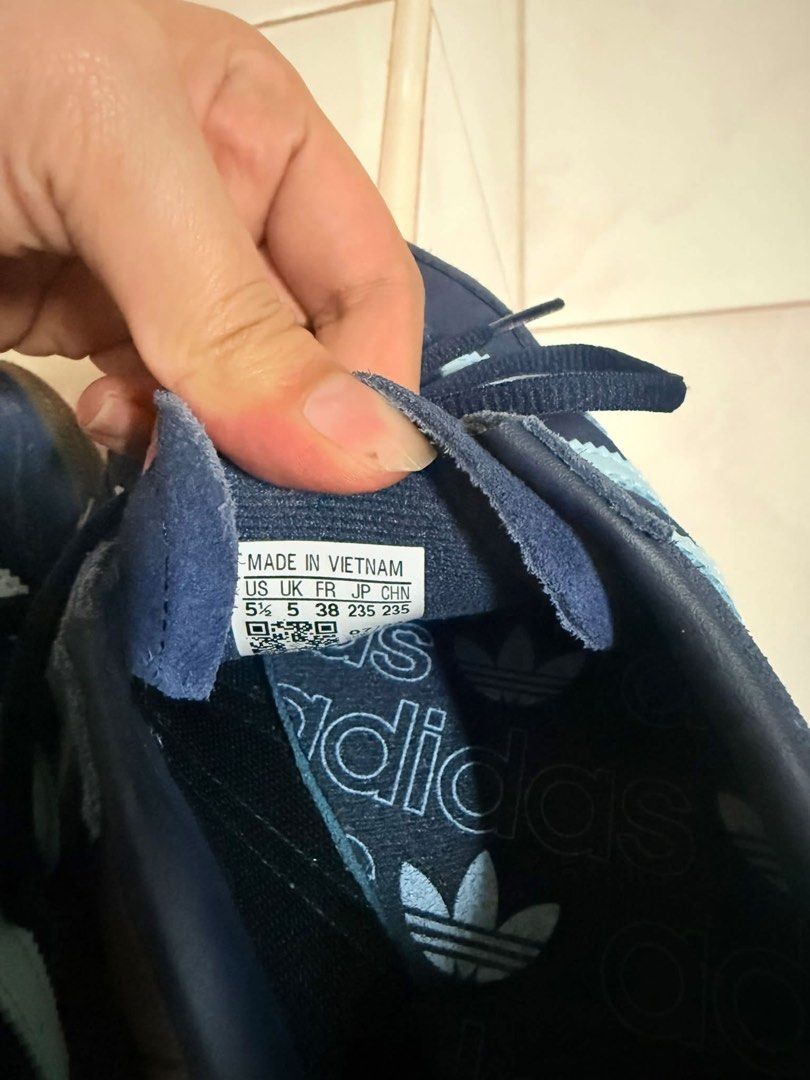 Adidas Handball Spezial Dark Blue (Category: Sneakers) located in Manila. Submitted by diannenjs (Listing ID 1470513335, Image 2). Description: - Brand: Adidas - Model: Handball Spezial - Colorway: Dark blue suede with light blue stripes, heel tab, and gold SPEZIAL lettering - Sole: Classic gum sole - Size: 7.5 womens - Condition: Clean overall with minimal signs of wear.