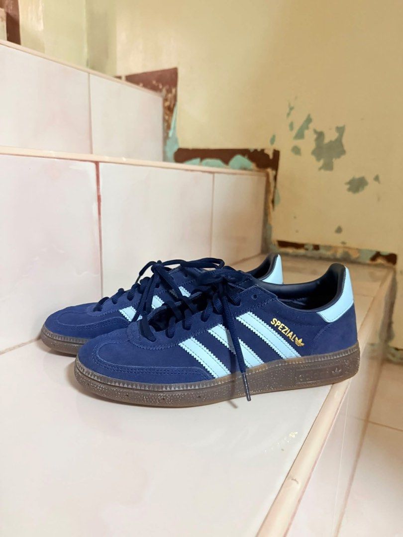 Adidas Handball Spezial Dark Blue (Category: Sneakers) located in Manila. Submitted by diannenjs (Listing ID 1470513335, Image 1). Description: - Brand: Adidas - Model: Handball Spezial - Colorway: Dark blue suede with light blue stripes, heel tab, and gold SPEZIAL lettering - Sole: Classic gum sole - Size: 7.5 womens - Condition: Clean overall with minimal signs of wear.